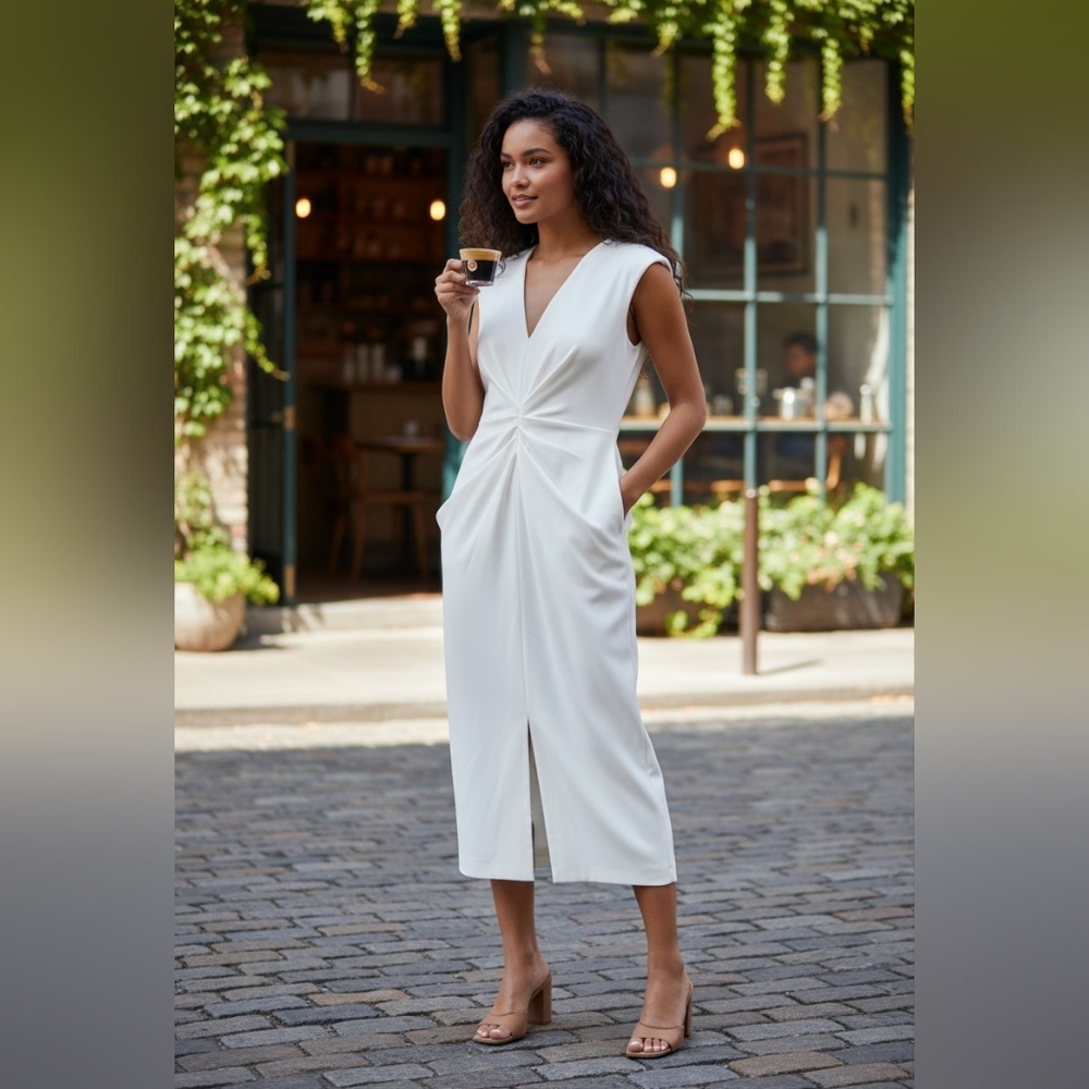 Donna Karan Ivory Ruched Sheath Midi Dress NWT | Discontinued Color